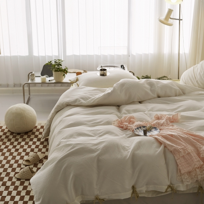 91家纺网 家纺一手货源 找家纺 安莱生活 2022新款春夏双股细支泡泡纱绑带款四件套 泡泡纱白