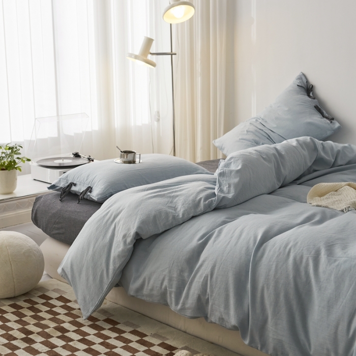 91家纺网 家纺一手货源 找家纺 安莱生活 2022新款春夏双股细支泡泡纱绑带款四件套 泡泡纱蓝