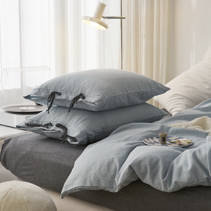 91家纺网 家纺一手货源 找家纺 安莱生活 2022新款春夏双股细支泡泡纱绑带款四件套 泡泡纱蓝