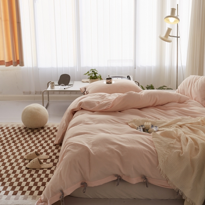 91家纺网 家纺一手货源 找家纺 安莱生活 2022新款春夏双股细支泡泡纱绑带款四件套 泡泡纱粉