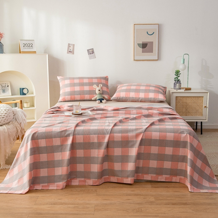 91家纺网 家纺一手货源 找家纺 芃成 2022新款全棉老粗布床单款 极简格-粉