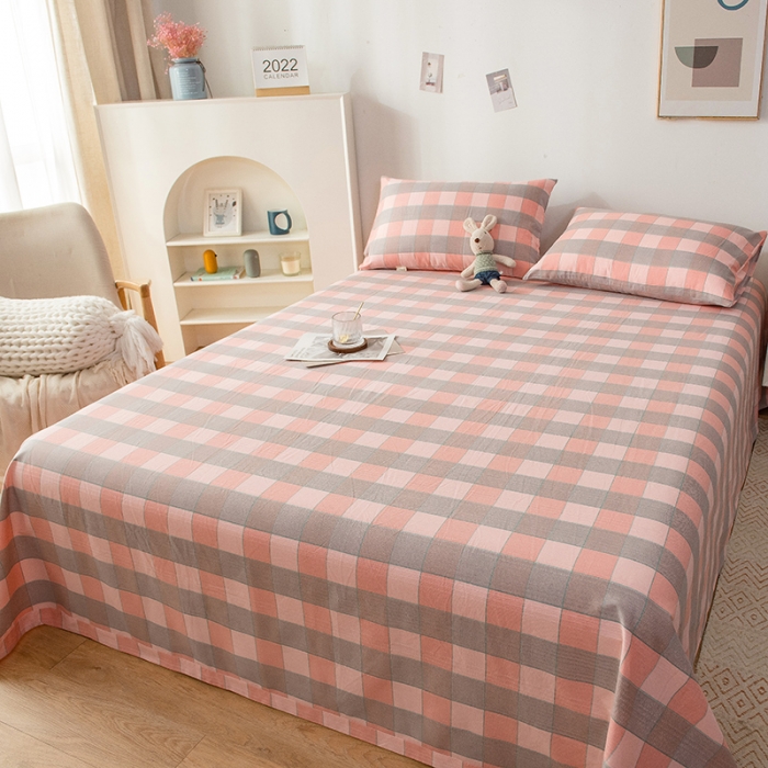 91家纺网 家纺一手货源 找家纺 芃成 2022新款全棉老粗布床单款 极简格-粉