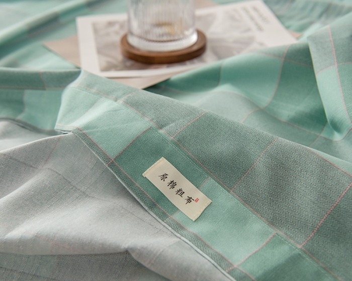91家纺网 家纺一手货源 找家纺 芃成 2022新款全棉老粗布床单款 极简格-绿