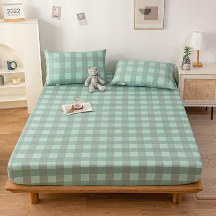 91家纺网 家纺一手货源 找家纺 芃成 2022新款全棉老粗布床笠款 极简格-绿