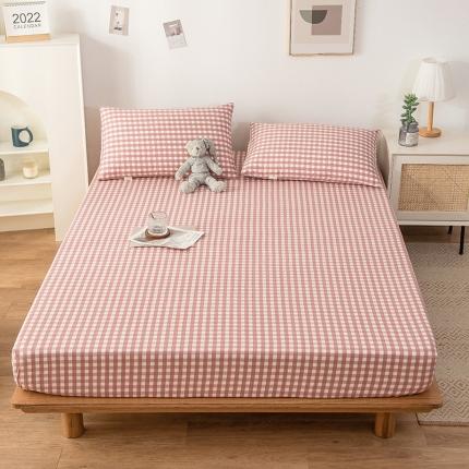 91家纺网 家纺一手货源 找家纺 芃成 2022新款全棉老粗布床笠款 蓝小格-粉