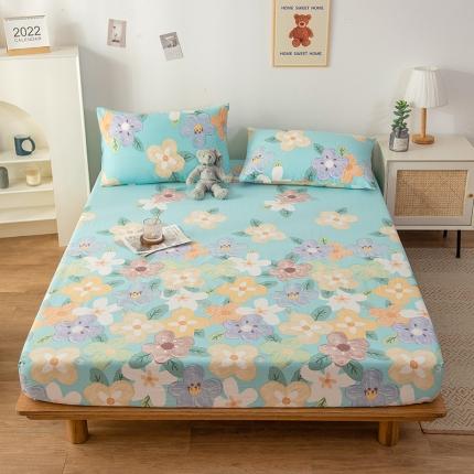 91家纺网 家纺一手货源 找家纺 芃成 2022新款全棉老粗布床笠款 幸运花朵-蓝