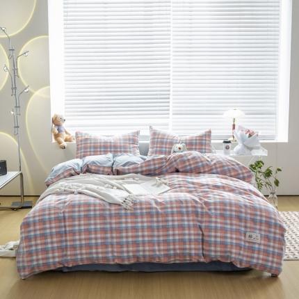 91家纺网 家纺一手货源 找家纺 2023爆款恋人优选良品全棉水洗棉四件套纯棉宿舍三件套 星空桔+浅兰