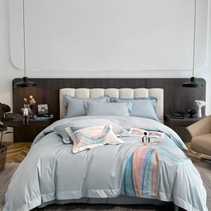 魅都新款阿克苏长绒棉刺绣轻奢凤四件套邂逅彩虹天空蓝