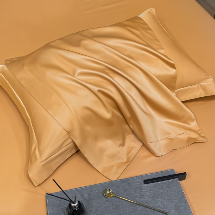 91家纺网 家纺一手货源 找家纺 秀色 2025爆款A类刺绣纯色50支贡缎纯棉单枕套1对 南瓜橘