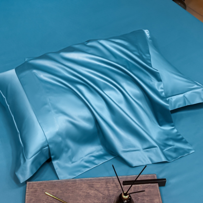 91家纺网 家纺一手货源 找家纺 秀色 2025爆款A类刺绣纯色50支贡缎纯棉单枕套1对 雾霾蓝