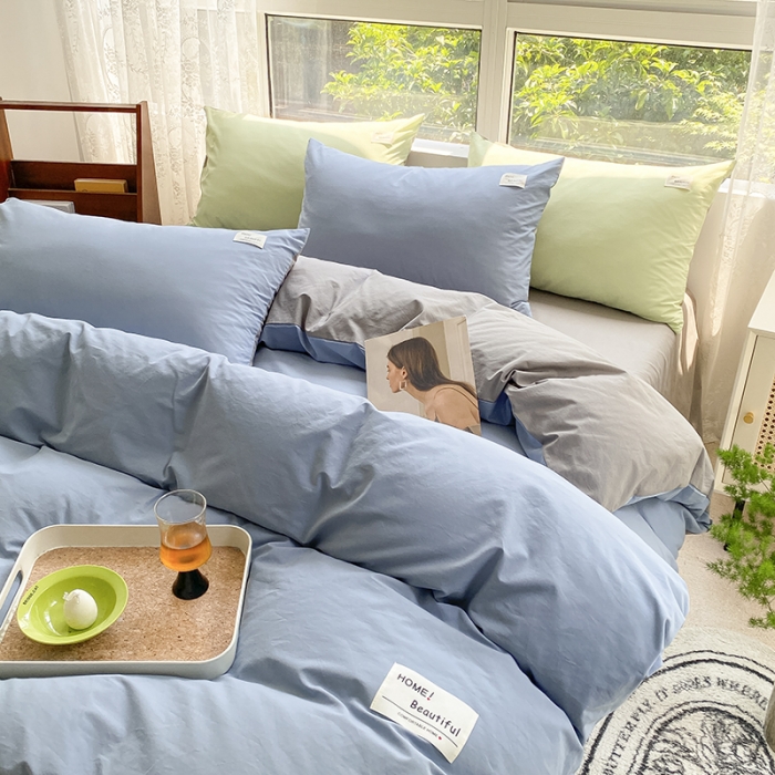 91家纺网 家纺一手货源 找家纺 寐居 2023新款全棉水洗棉四件套 深蓝+灰