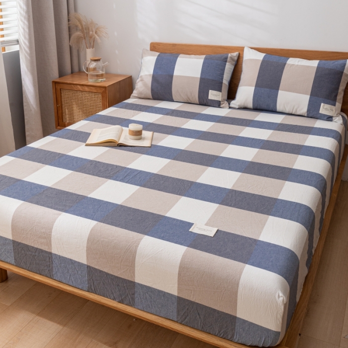 91家纺网 家纺一手货源 找家纺 宝士康 2023新款无印风系列单床笠 深蓝大格