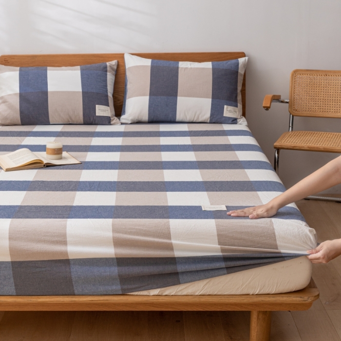 91家纺网 家纺一手货源 找家纺 宝士康 2023新款无印风系列单床笠 深蓝大格