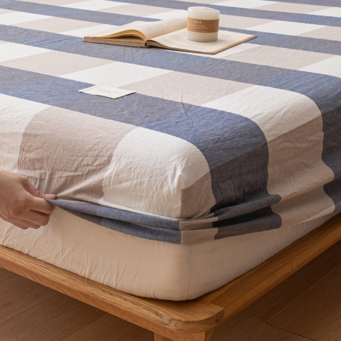 91家纺网 家纺一手货源 找家纺 宝士康 2023新款无印风系列单床笠 深蓝大格