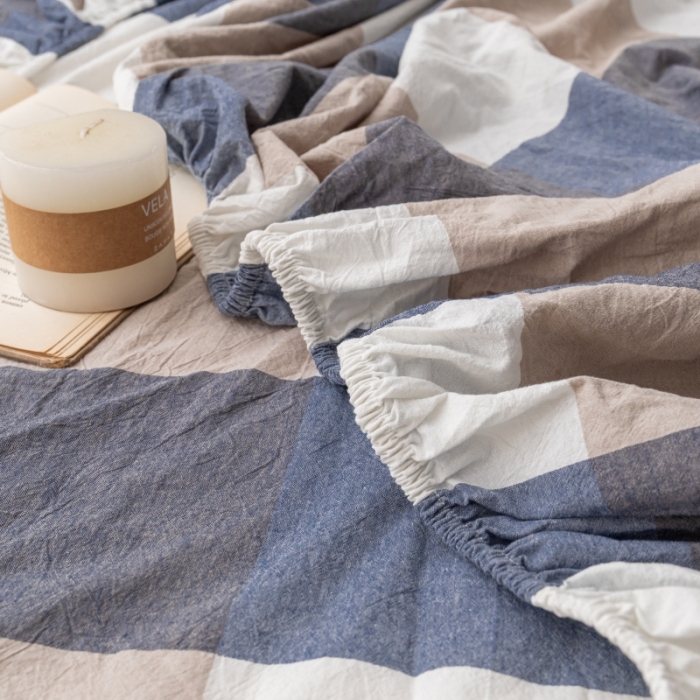 91家纺网 家纺一手货源 找家纺 宝士康 2023新款无印风系列单床笠 深蓝大格