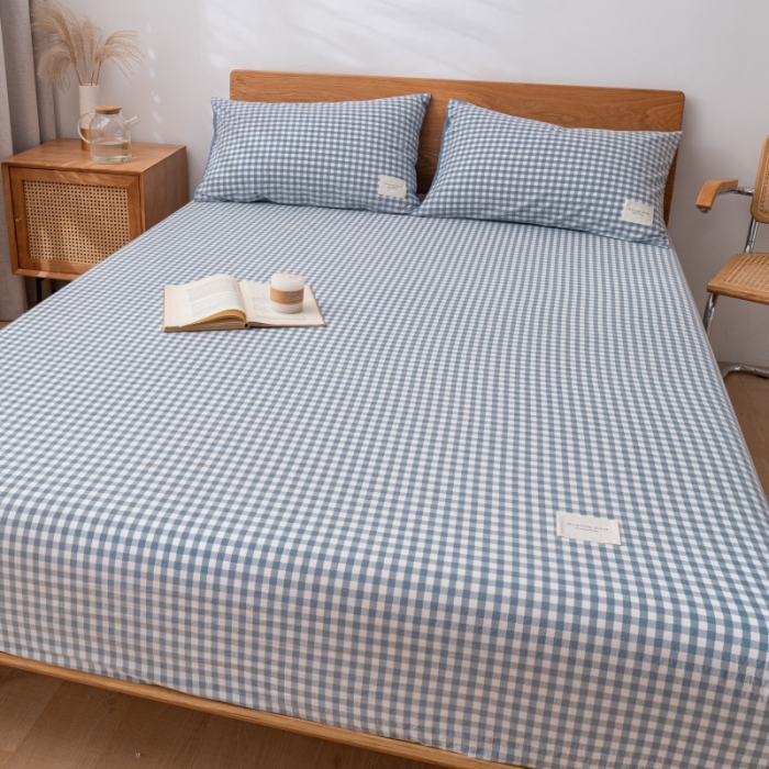 91家纺网 家纺一手货源 找家纺 宝士康 2023新款无印风系列单床笠 天蓝小格