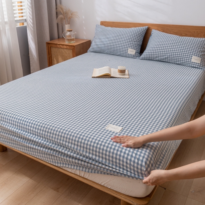 91家纺网 家纺一手货源 找家纺 宝士康 2023新款无印风系列单床笠 天蓝小格