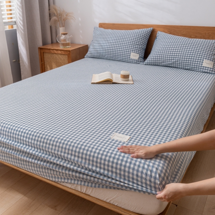 91家纺网 家纺一手货源 找家纺 宝士康 2023新款无印风系列单床笠 天蓝小格