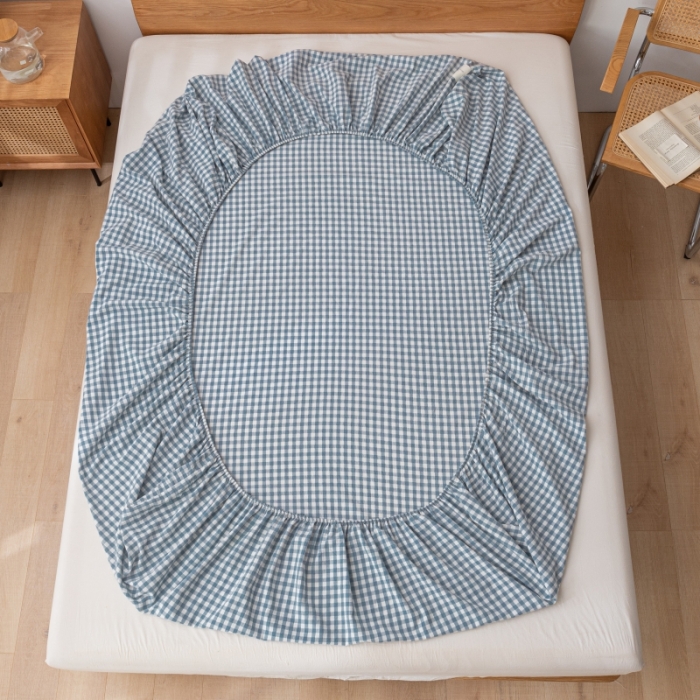 91家纺网 家纺一手货源 找家纺 宝士康 2023新款无印风系列单床笠 天蓝小格