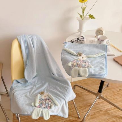 91家纺网 家纺一手货源 找家纺 双梦毛巾 2022新款花花兔子毛巾浴巾套装 蓝色浴巾70*140cm