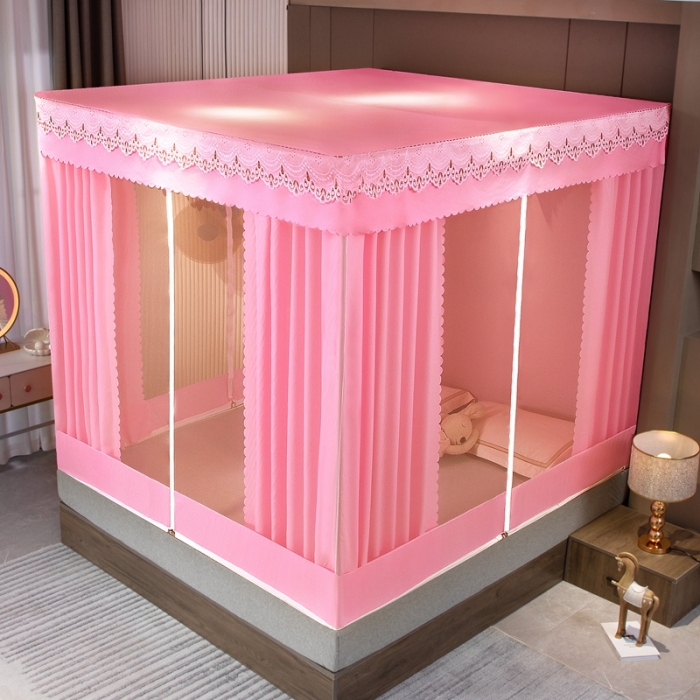 91家纺网 家纺一手货源 找家纺 千逸虹 2024新款坐床全底纱 遮光蚊帐 胭脂粉