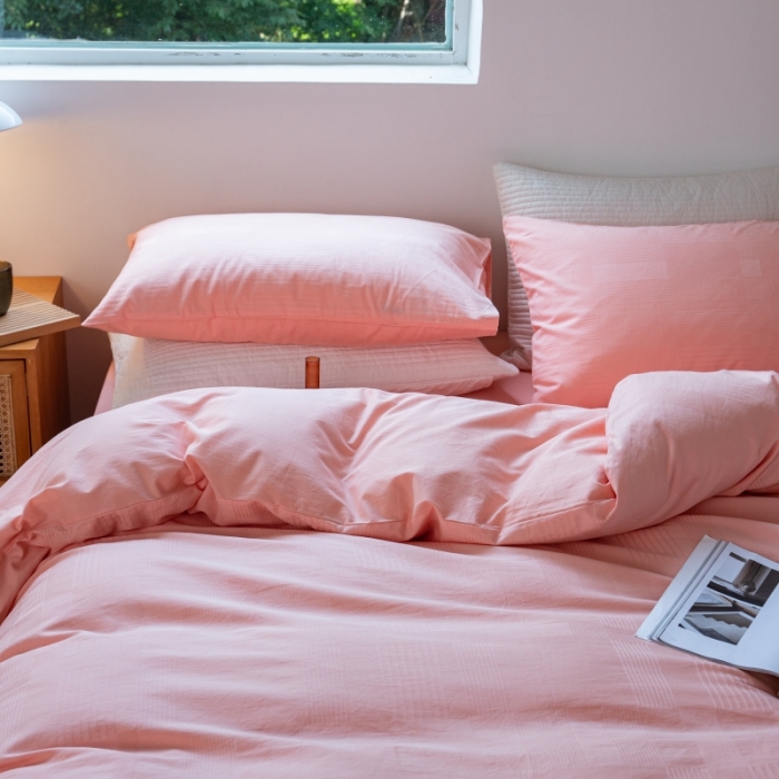 91家纺网 家纺一手货源 找家纺 安莱生活 2022新款染色原棉四件套 粉色-大方格