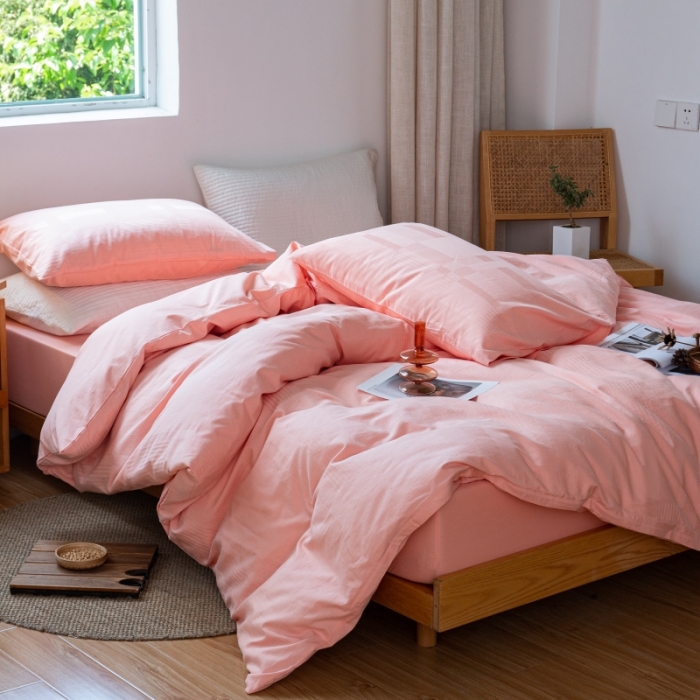 91家纺网 家纺一手货源 找家纺 安莱生活 2022新款染色原棉四件套 粉色-大方格