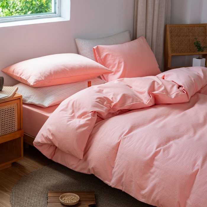 91家纺网 家纺一手货源 找家纺 安莱生活 2022新款染色原棉四件套 粉色-小方格