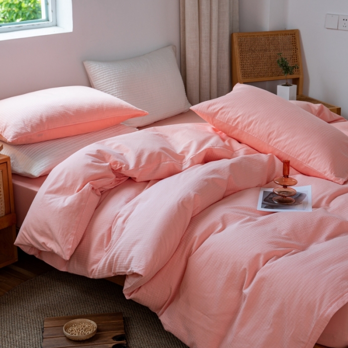 91家纺网 家纺一手货源 找家纺 安莱生活 2022新款染色原棉四件套 粉色-小方格