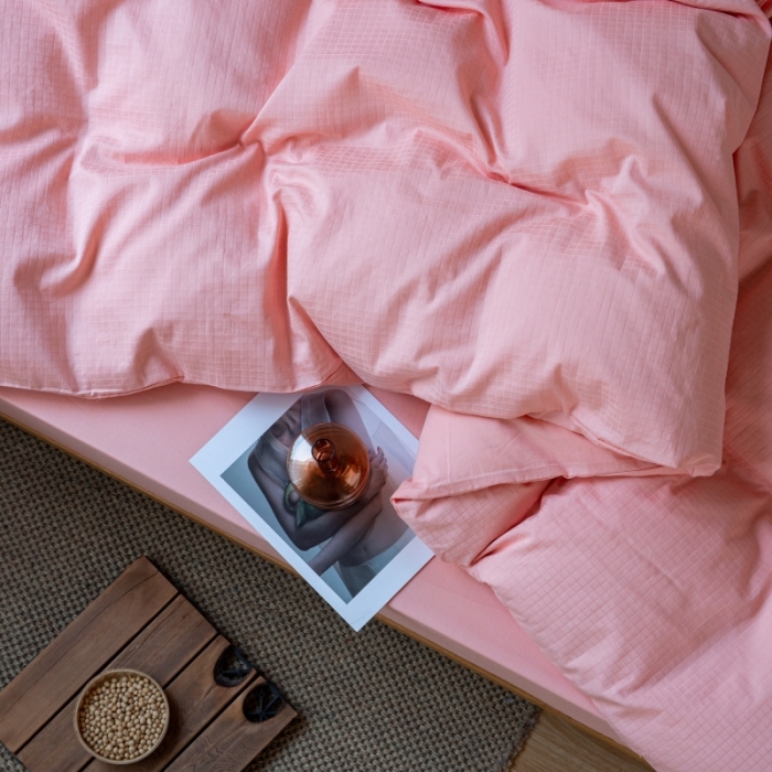 91家纺网 家纺一手货源 找家纺 安莱生活 2022新款染色原棉四件套 粉色-小方格