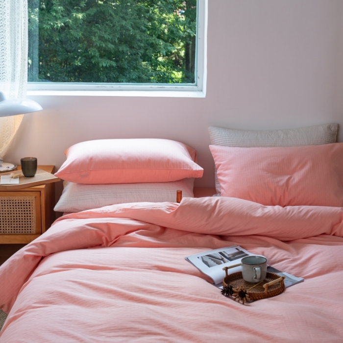 91家纺网 家纺一手货源 找家纺 安莱生活 2022新款染色原棉四件套 粉色-小雨点