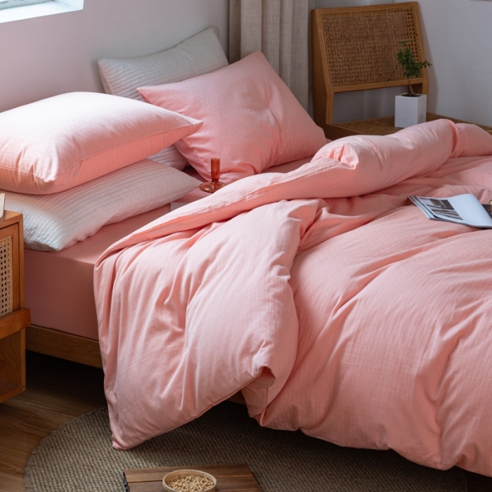 91家纺网 家纺一手货源 找家纺 安莱生活 2022新款染色原棉四件套 粉色-小雨点