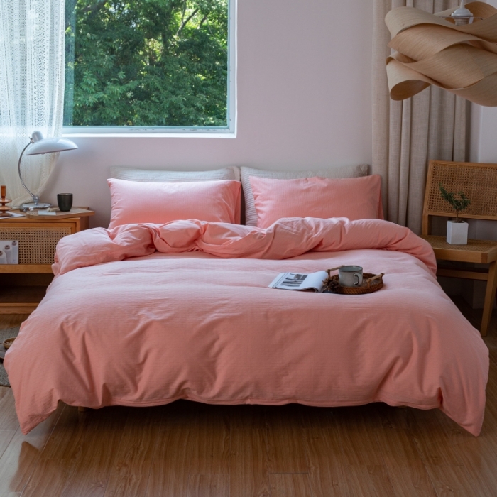 91家纺网 家纺一手货源 找家纺 安莱生活 2022新款染色原棉四件套 粉色-小雨点