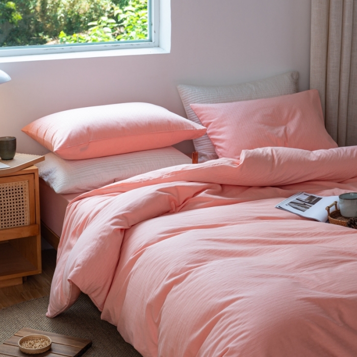 91家纺网 家纺一手货源 找家纺 安莱生活 2022新款染色原棉四件套 粉色-小雨点