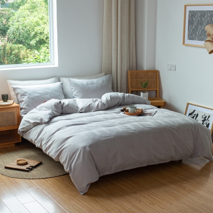 91家纺网 家纺一手货源 找家纺 安莱生活 2022新款染色原棉四件套 穷灰-大方格