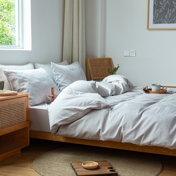 91家纺网 家纺一手货源 找家纺 安莱生活 2022新款染色原棉四件套 穷灰-大方格