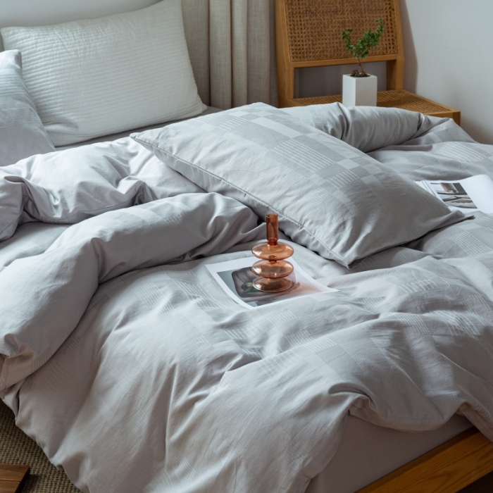 91家纺网 家纺一手货源 找家纺 安莱生活 2022新款染色原棉四件套 穷灰-大方格