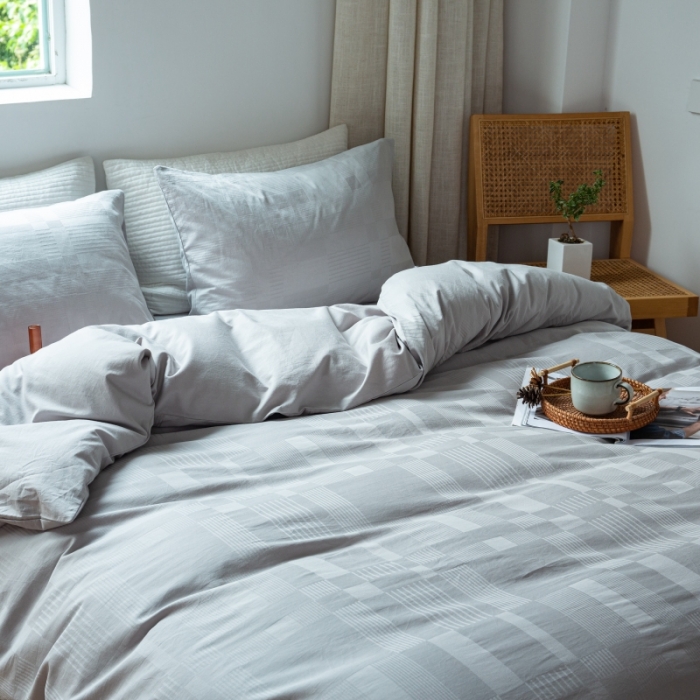 91家纺网 家纺一手货源 找家纺 安莱生活 2022新款染色原棉四件套 穷灰-大方格