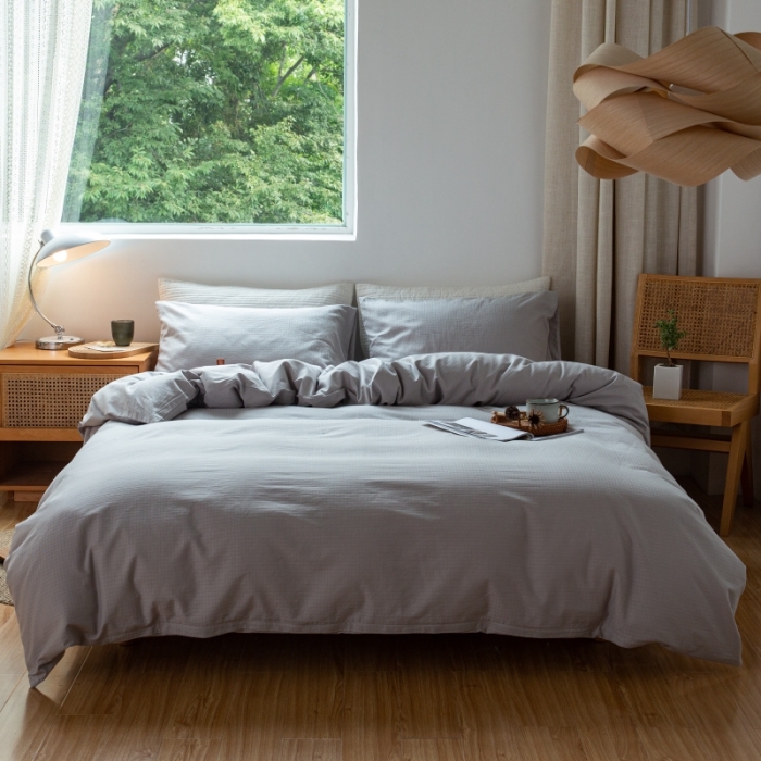 91家纺网 家纺一手货源 找家纺 安莱生活 2022新款染色原棉四件套 穷灰-小方格