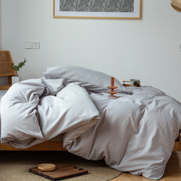 91家纺网 家纺一手货源 找家纺 安莱生活 2022新款染色原棉四件套 穷灰-小方格