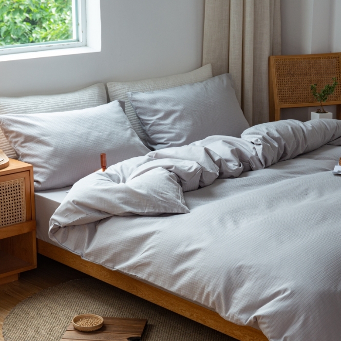 91家纺网 家纺一手货源 找家纺 安莱生活 2022新款染色原棉四件套 穷灰-小方格