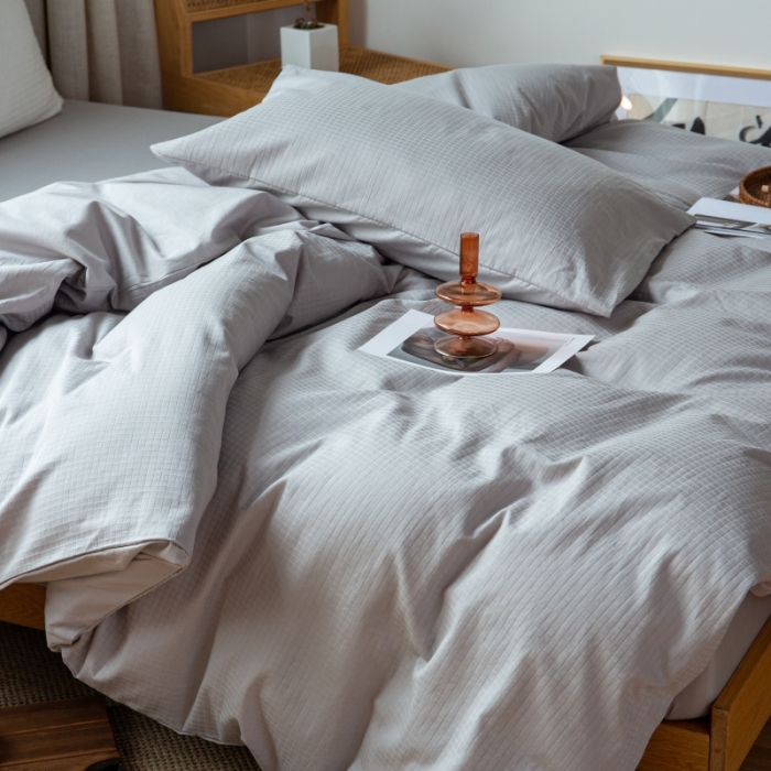 91家纺网 家纺一手货源 找家纺 安莱生活 2022新款染色原棉四件套 穷灰-小方格