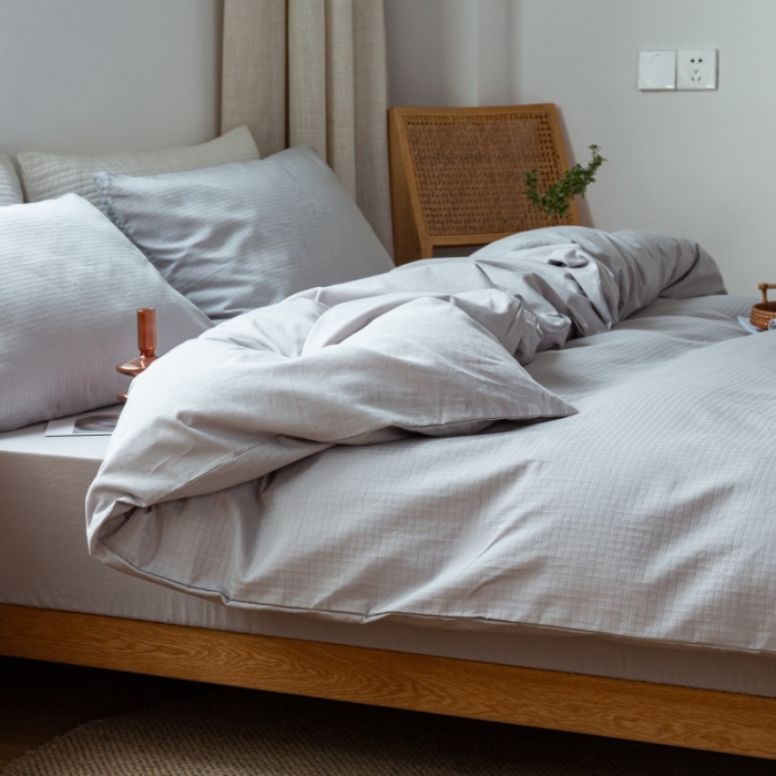 91家纺网 家纺一手货源 找家纺 安莱生活 2022新款染色原棉四件套 穷灰-小方格