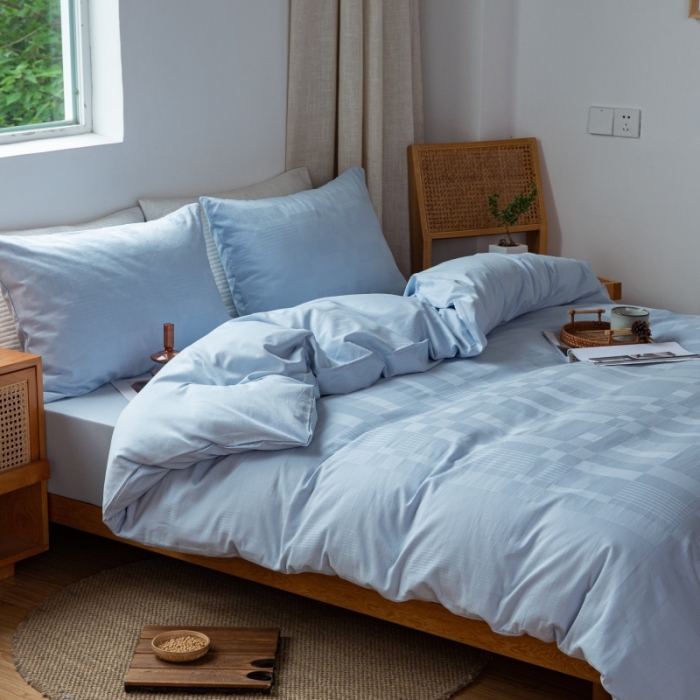 91家纺网 家纺一手货源 找家纺 安莱生活 2022新款染色原棉四件套 雾青-大方格