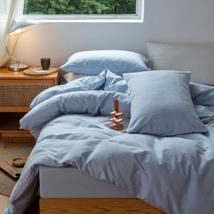 91家纺网 家纺一手货源 找家纺 安莱生活 2022新款染色原棉四件套 雾青-大方格