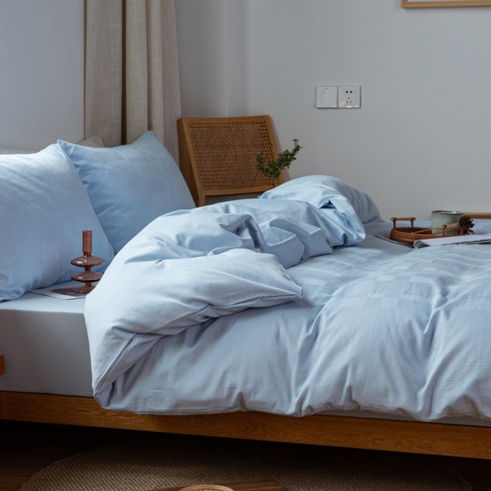 91家纺网 家纺一手货源 找家纺 安莱生活 2022新款染色原棉四件套 雾青-大方格