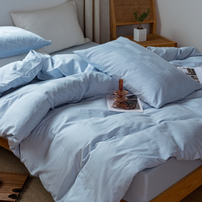 91家纺网 家纺一手货源 找家纺 安莱生活 2022新款染色原棉四件套 雾青-大方格