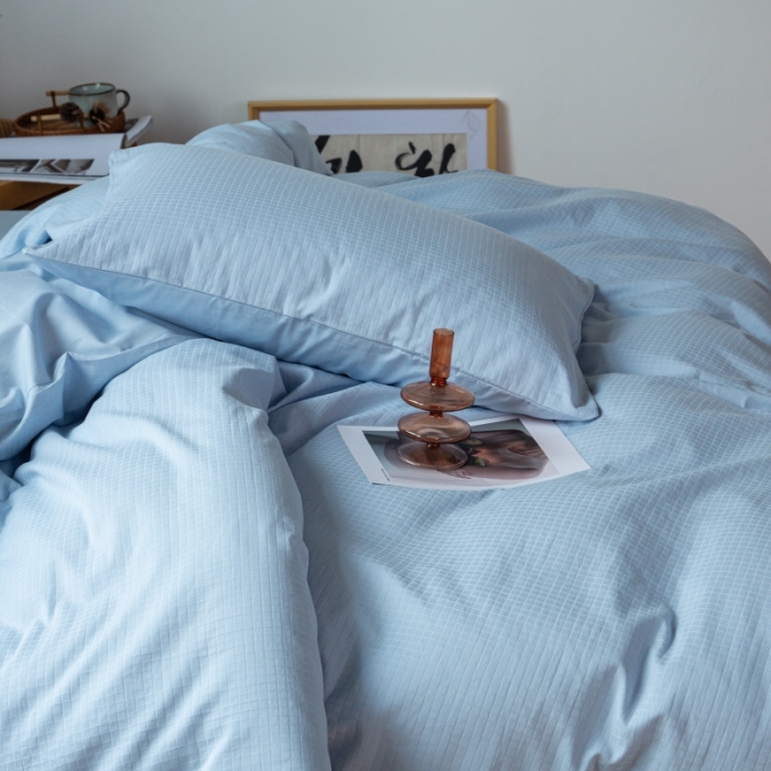 91家纺网 家纺一手货源 找家纺 安莱生活 2022新款染色原棉四件套 雾青-小方格