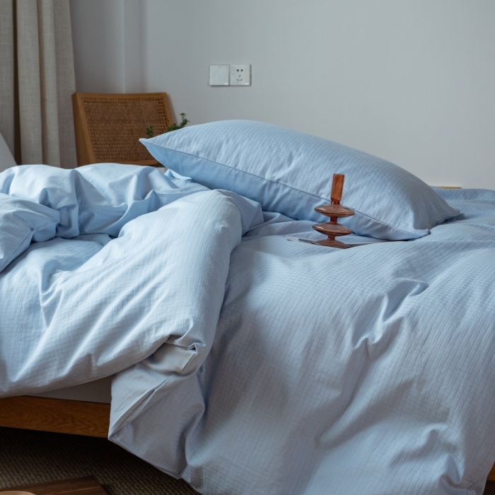 91家纺网 家纺一手货源 找家纺 安莱生活 2022新款染色原棉四件套 雾青-小方格