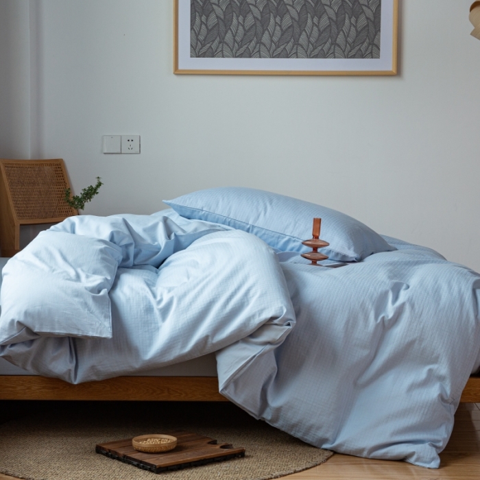 91家纺网 家纺一手货源 找家纺 安莱生活 2022新款染色原棉四件套 雾青-小方格